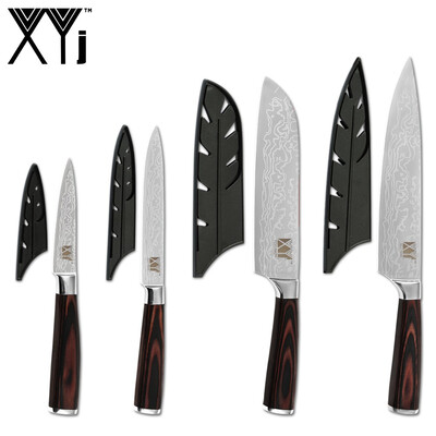 

XYj 4pcs Stainless Steel Knives Set Damascus Veins Chef Knife Free Covers Meat Fish Kitchen Accessory