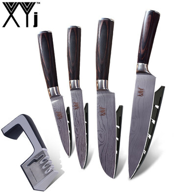 

XYj 4 PCS Kitchen Knives 8" 5" 5" 35" Stainless Steel Chef Santoku Utility Fruit Knife With Knife Sharpener