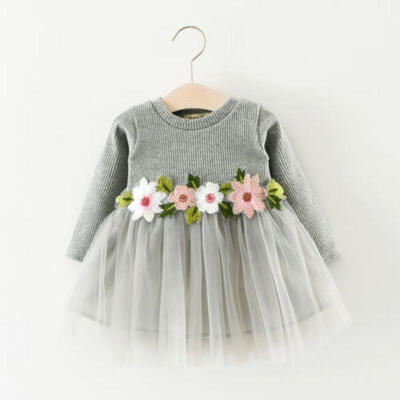 

Newborn Toddler Infant Baby Girls Dress Flower Long Sleeve A-line Tulle Dresses