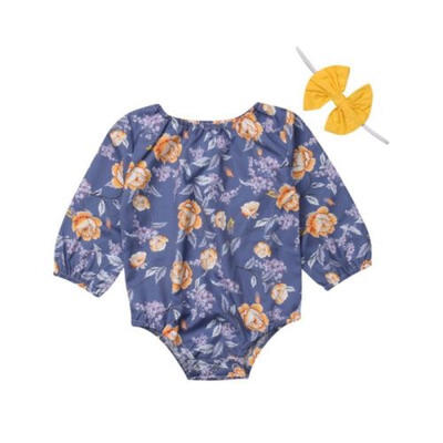 

Toddler Baby Girls Floral Romper Long Sleeves Headband Outfit With Bowknote Set