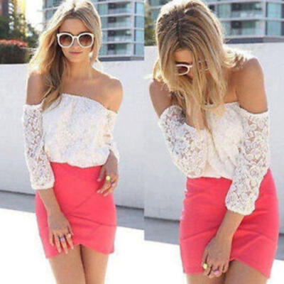 

Summer Sexy Womens White Lace Off-shoulder Loose Tops T-Shirt Blouse Size
