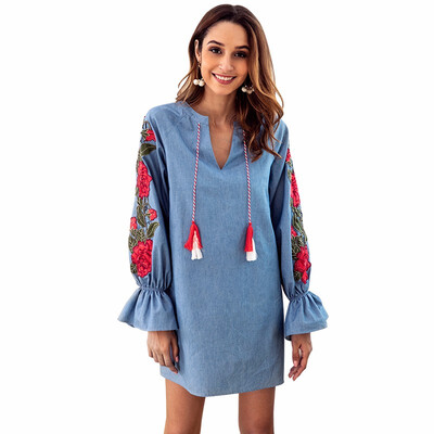 

Women Denim Blue Drawstring V-neck Embroidery Lantern Long-sleeved Loose Dresses