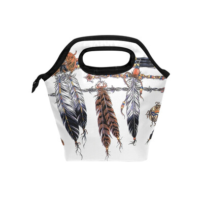 

Insulated Lunch Tote Bag Feather Travel Picnic Lunch Handbags Portable Zipper Lunch Bag Box