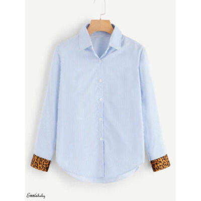 

Women Leopard Cuff Work Wear Office Shirt Button Stripe Slim Blouse V Neck Tops
