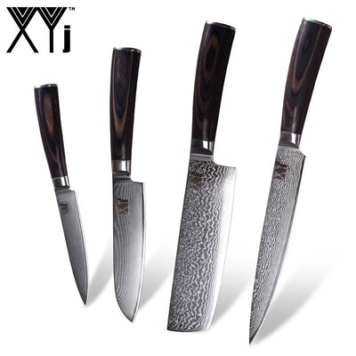 

XYj 4pcs VG10 Damascus Knives High Grade Japanese Damascus Steel Kitchen Knives Color Wood Handle
