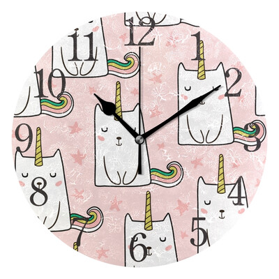 

Wall Clock Hand Drawn Cute Cats Unicorn Round Wall Clock Arabic Numerals Design