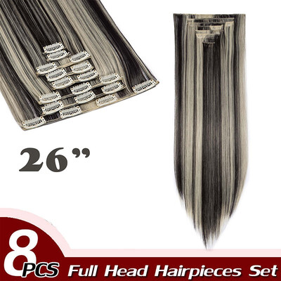 

17" Straight 8 Pcs Full Head Clip in Hair Extensions Synthetic 8 Piece 18 Clips Hairpiece Long Straight for Women