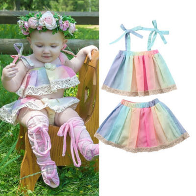 

Infant Toddler Kids Baby Girl Clothes Rainbow Strap Crop TopsSkirt Dress Outfit