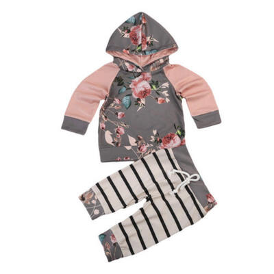 

Newborn Baby Girls Floral Hooded Tops Striped Pants Leggings Outfits Clothes Set