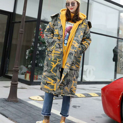 

Autumn&winter thick camouflage down jacket womens hooded jacket filled down cotton long loose windbreaker