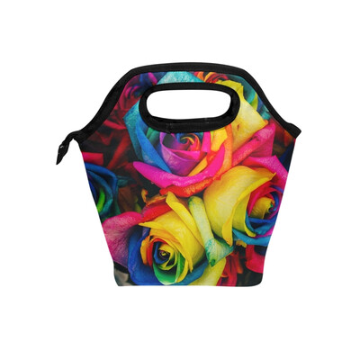 

Insulated Lunch Tote Bag Colorful Rose Travel Picnic Lunch Handbags Portable Zipper Lunch Bag Box