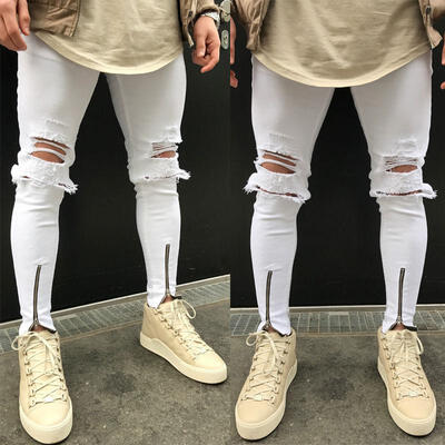 

Mens Distressed Ripped Destroyed Wash Denim Zipper Ankle Skinny Jeans