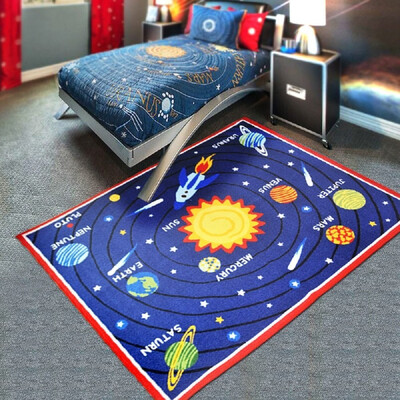 

Blue Solar System Kids Area Rug Educational Learning Carpet Fun Rug Children Area Rug for Playroom & Nursery - Non Skid Gel Backin