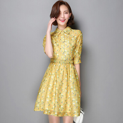 

MAZOE Europe&the United States temperament shirt collar printing chiffon waist short sleeve dress S6612 gold