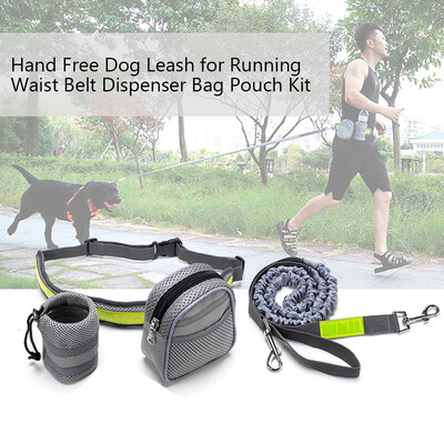 

Hand Free Dog Leash for Running Walking Hiking with Reflective Waist Belt Dispenser Bag Large Pouch Kit
