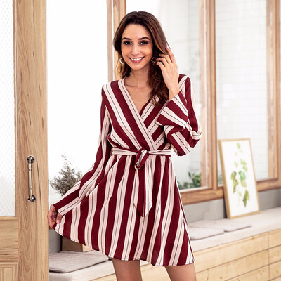 

Womens Sexy Long Sleeve V-neck Belt Striped Dress