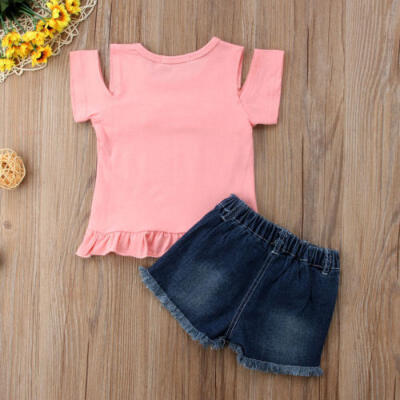 

2PCS Baby Girls Kids Summer Clothes Pink T-shirtDenim Hot Shorts Outfits 1-6Y