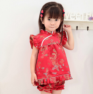 

Buenos Ninos Girls Short Sleeve Cheongsam Baby Qipao Patterned Cloth Set
