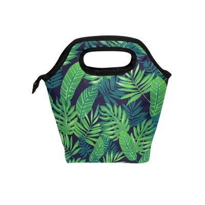 

Insulated Lunch Tote Bag Green Leaves Travel Picnic Lunch Handbags Portable Zipper Lunch Bag Box