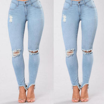 

Women Denim Skinny Ripped Pants High Waist Stretch Jeans Long Pencil Trousers