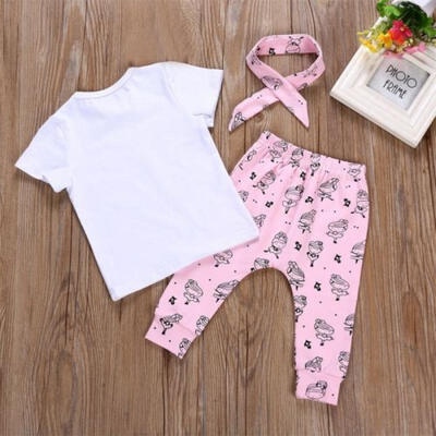 

Newborn Kids Baby Girl Short Sleeve T-shirt TopsPantsHeadbands Outfit Clothes
