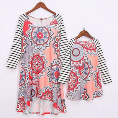 

Mom&Daughter Stripe Long Sleeve Dress Casual Family Clothes Women Girl Dress