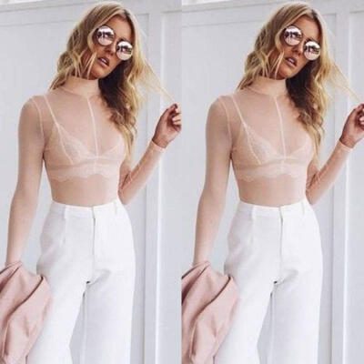 

Sexy Women High Neck Transparent Mesh Sheer Crop Top T-Shirt Blouse Tee Tops