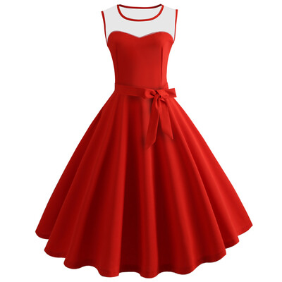 

Hepburn Vintage Series Women Dress Spring And Summer Grenadine Stitching Design Sleeveless Belt Retro Corset Dress