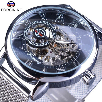 

Forsining Hand Winding Mechanical Watch Fashion Design Silver Stainless Steel Band Casual Wrist Watch Luminous Hands