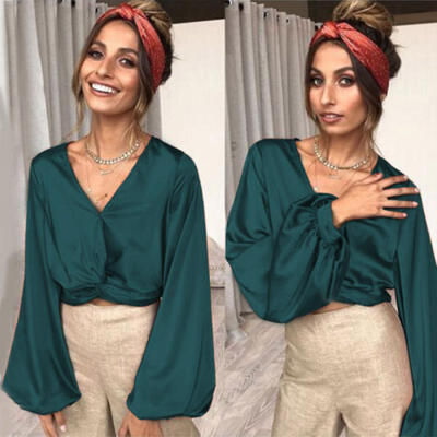 

Summer Women Sexy V Neck Casual Tank Top Vest Blouse Long Sleeve Crop Top Shirt