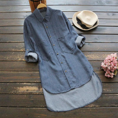 

Womens Button Down Shirt Long Sleeve Jeans Tops Denim Pockets Tunic Blouse Dress