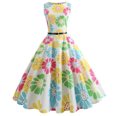 

Hepburn Vintage Series Dress Spring And Summer Fashion Floral Printing Design Sleeveless Belt Retro Corset Women Dress