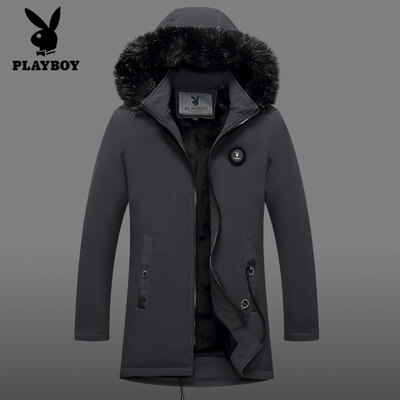 

Playboy cotton coat men 2018 winter new hooded youth casual cotton jacket mens slim body trend winter thick warm jacket in the long section fur collar SYZ88755 black