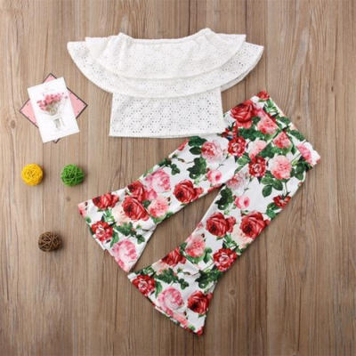 

2PCS Kids Girls Off Shoulder Crop Tops Floral Pants Leggings Clothes Outwear