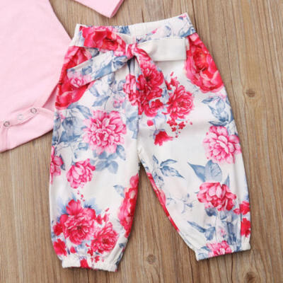 

Newborn Toddler Baby Girls Floral Pink Tops Romper Pants 3Pcs Outfit Set Clothes