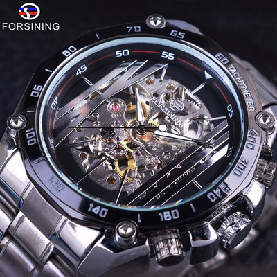 

Forsining Military Sport Design Transparent Skeleton Dial Silver Stainless Steel Mens Watches Top Brand Luxury Automatic Watches