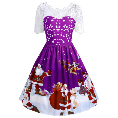 

Vintage Christmas Santa Claus Print Lace Insert Dress