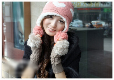 

Fashion Winter Women Gloves Mitten Warm Knitted Fingerless Long Faux Fur White