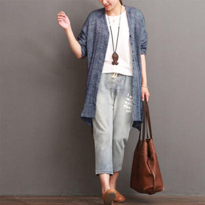 

New Women Long Sleeve Cotton Linen Cardigan Loose Blouse Bohemian blazer Tops