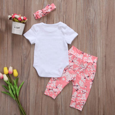 

Newborn Baby Girl Romper Bodysuit TopsPants Headband 3pcs Outfits Clothes Set