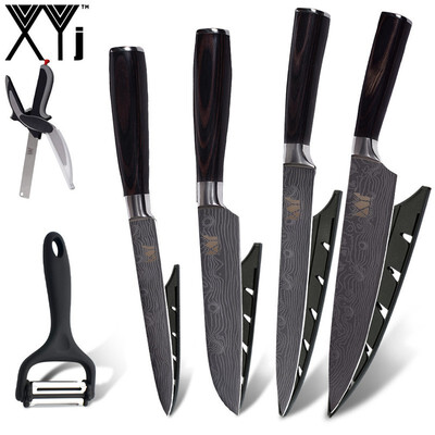 

XYj Multifunction Peeler Kitchen Knives 5" 5" 8" 8" inch Damascus Veins Blade Stainless Steel Kitchen Knife And Scissor