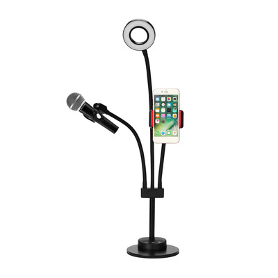 

3 in 1 Lazy Bracket Phone Stand with Microphone Holder Flexible Cellphone Clip with 24 LED Lightbeads Selfie Ring Light for Live S