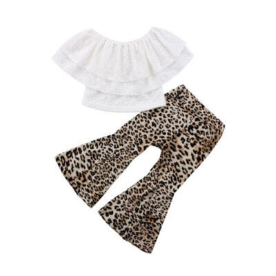 

US Toddler Kids Baby Girl Off Shoulder Shirt Crop TopLong Leopard Pants Outfits