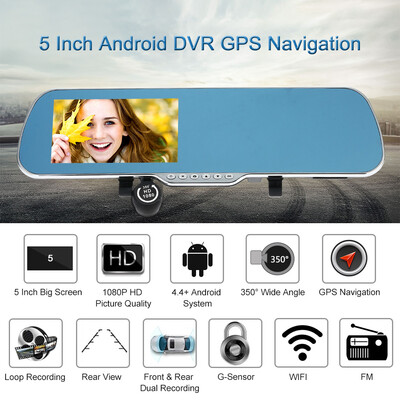 

5" Android Smart System GPS Navigation Car Rearview Mirror DVR Dual Lens Front Rear 1080P 720P Camera Recorder with G-sensor Motio