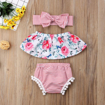 

UK Newborn Baby Girl Clothes Off Shoulder Floral Tops Stripe Shorts 3PCS Outfit