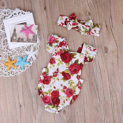 

Newborn Baby Girls Clothes Flower Jumpsuit Romper Bodysuit Headband Outfits US