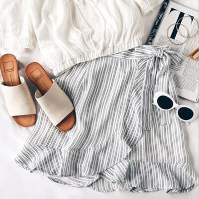 

Women Stripe Bandage High Split Skirt Mini Dress Boho Holiday Beach Summer Skirt