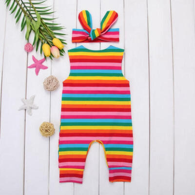 

Newborn Baby Girls Sleeveless Rainbow Romper Jumpsuit Cotton ClothesHeadband