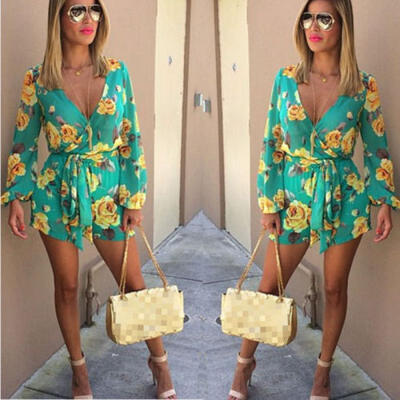 

Womens Floral Clubwear Playsuit Bodysuit Party Jumpsuit Romper Chiffon Shorts UK