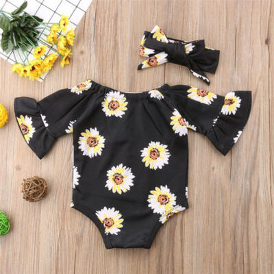 

Adorable Newborn Kid Baby Girls Sunflower Romper Bodysuit Headband Outfits Set